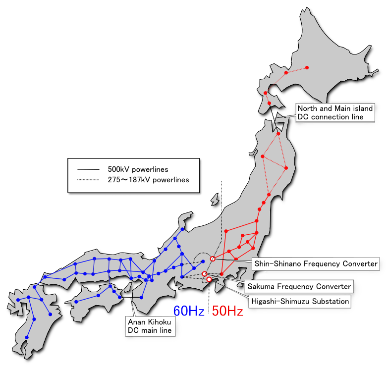 Карта Японии со станциями преобразования частоты