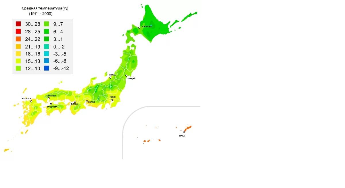 Карта Японии со средними температурами